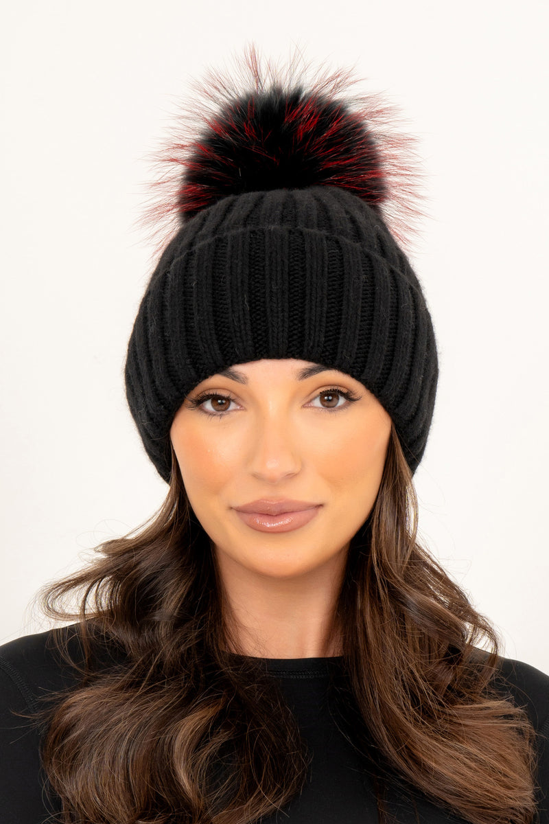 Satin Lined Black Rib Knit Fur Bobble Hat Large Pom Pom – The Fur