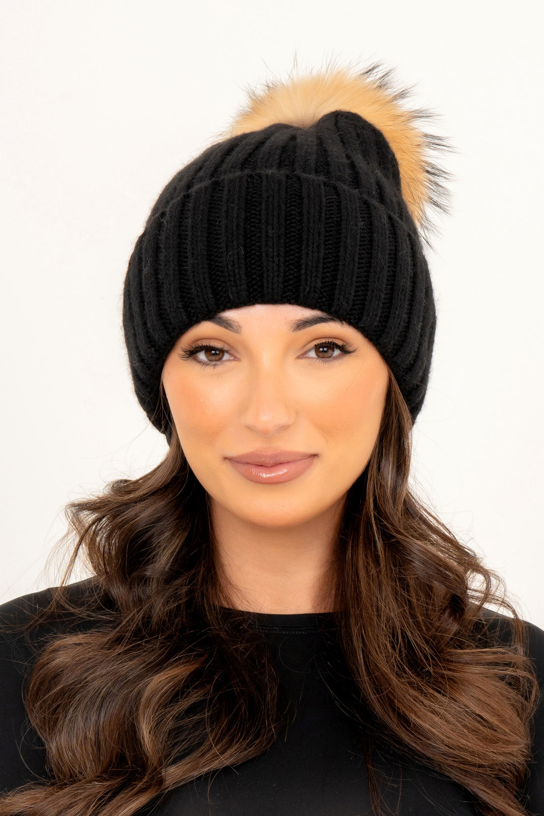 Satin Lined Black Rib Knit Fur Bobble Hat Large Pom Pom – The Fur