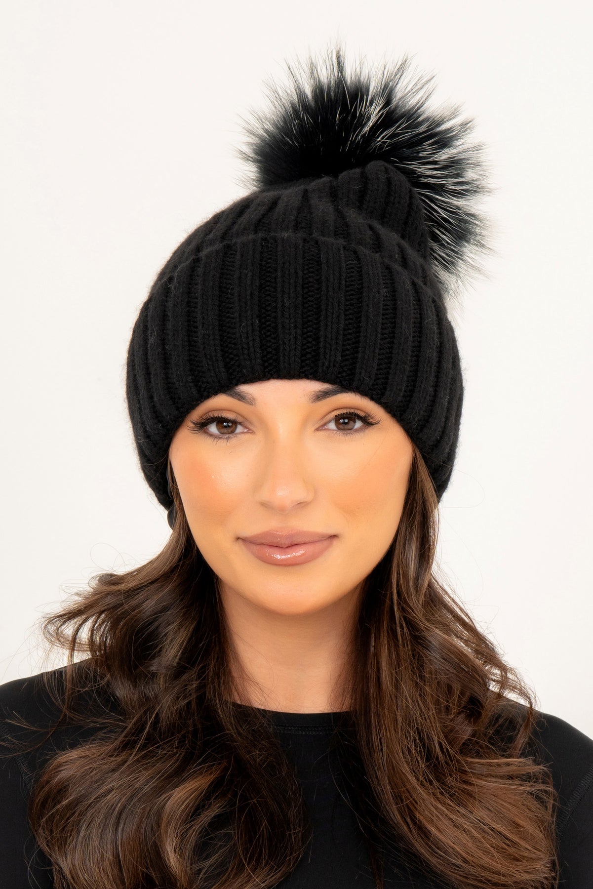 Satin Lined Black Rib Knit Fur Bobble Hat Large Pom Pom – The Fur