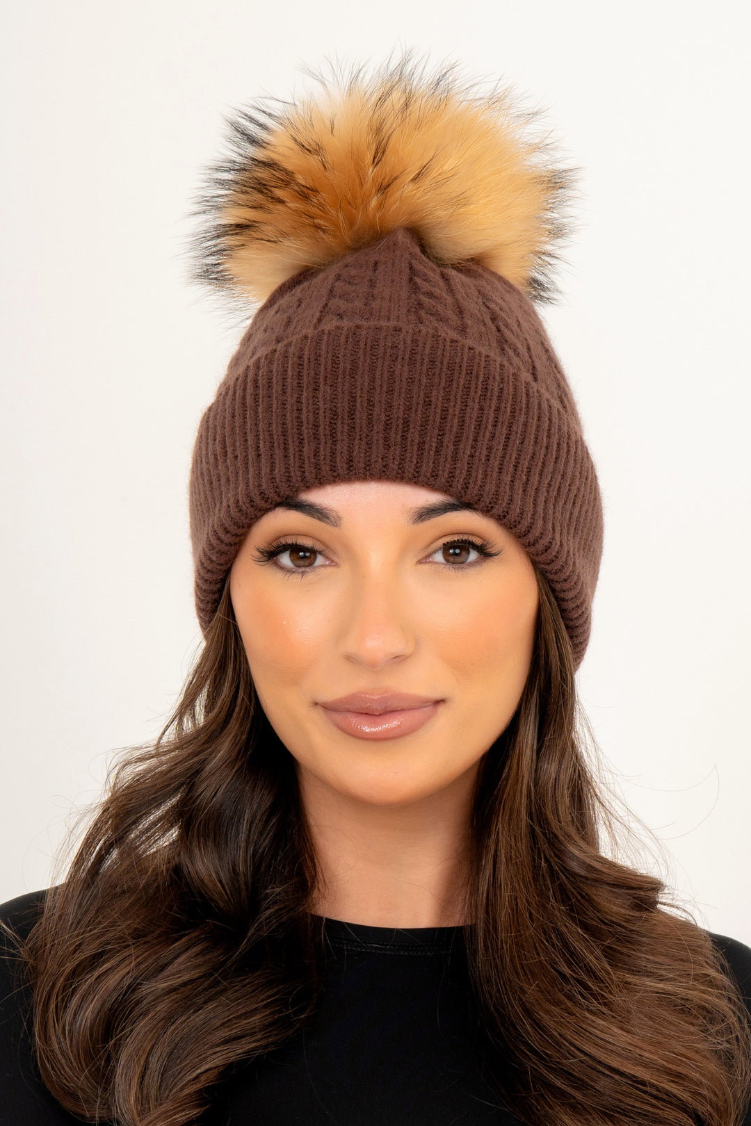 BeFur Winter Warm Cable Knit Hat With Raccoon Fur Bobble - Wool Blend Knit Hat, One Size Fits Most (52-58cm/20.5-22.9")