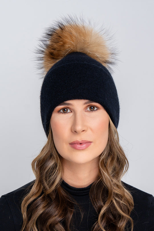 The Manhattan Onyx Black Cashmere Mix Fur Bobble Hat