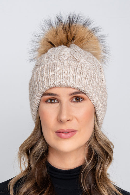 The Melrose Oatmeal Fleece lined Fur Bobble Hat