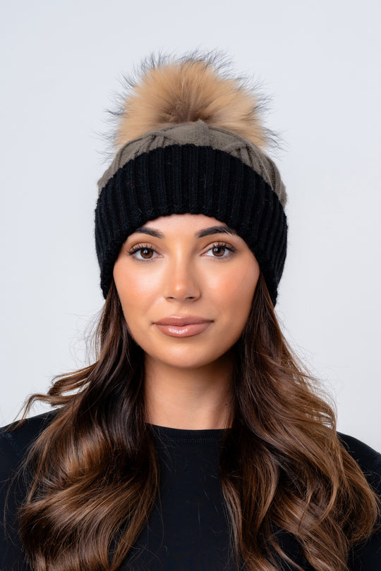 The Hoxton Cashmere Two Tone Khaki and Black Fur Cable Knit Bobble Hat
