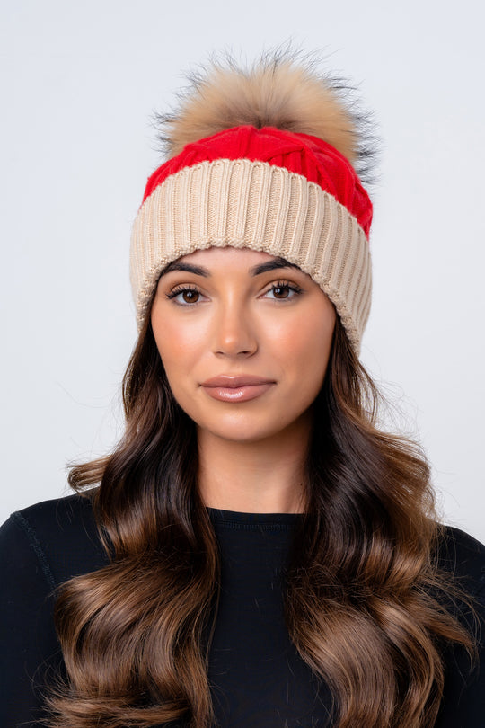 The Hoxton Cashmere Two Tone Red and Sand Fur Cable Knit Bobble Hat
