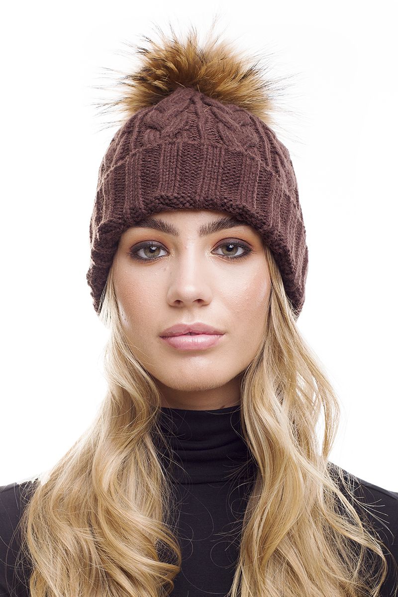 The Bexley Raccoon Pom Pom Bobble Cable Knit Hat In Chocolate