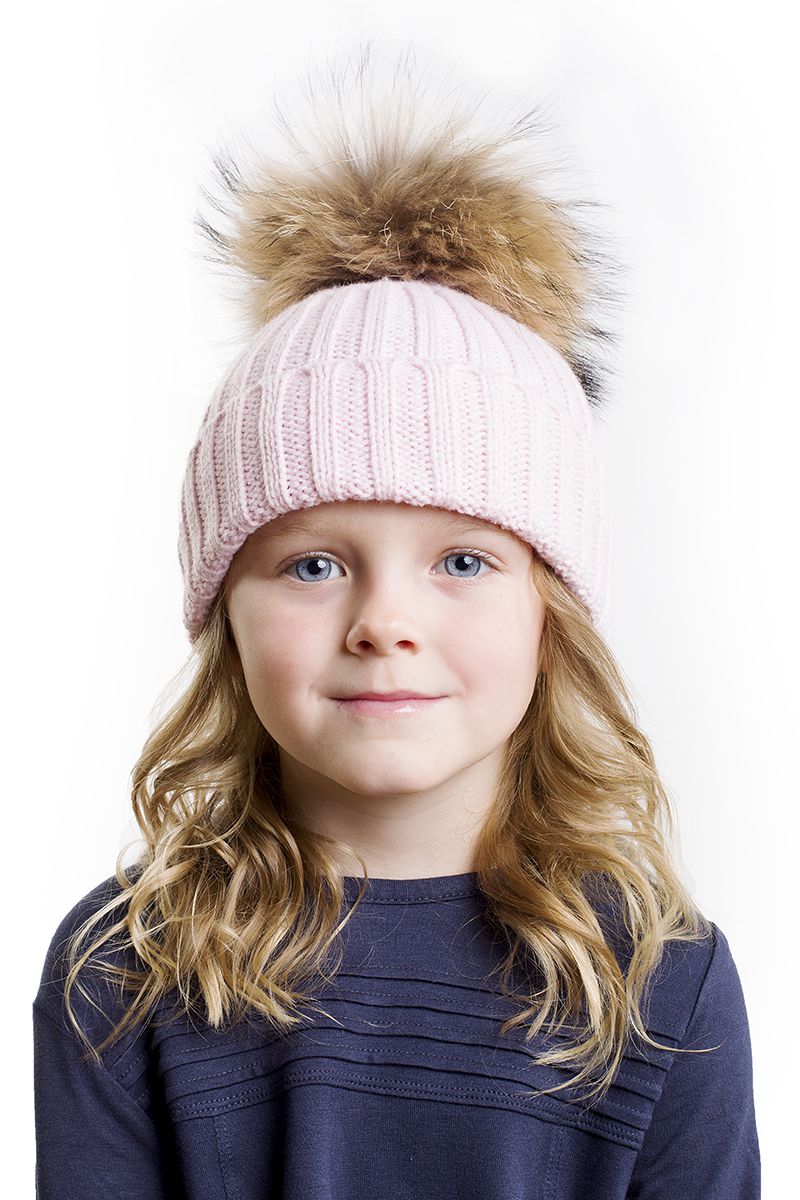 Kids Fur Bobble Hat In Baby Pink