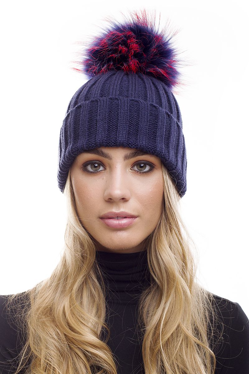 The Bexley Navy Rib Knit Fur Bobble Hat Large Pom Pom