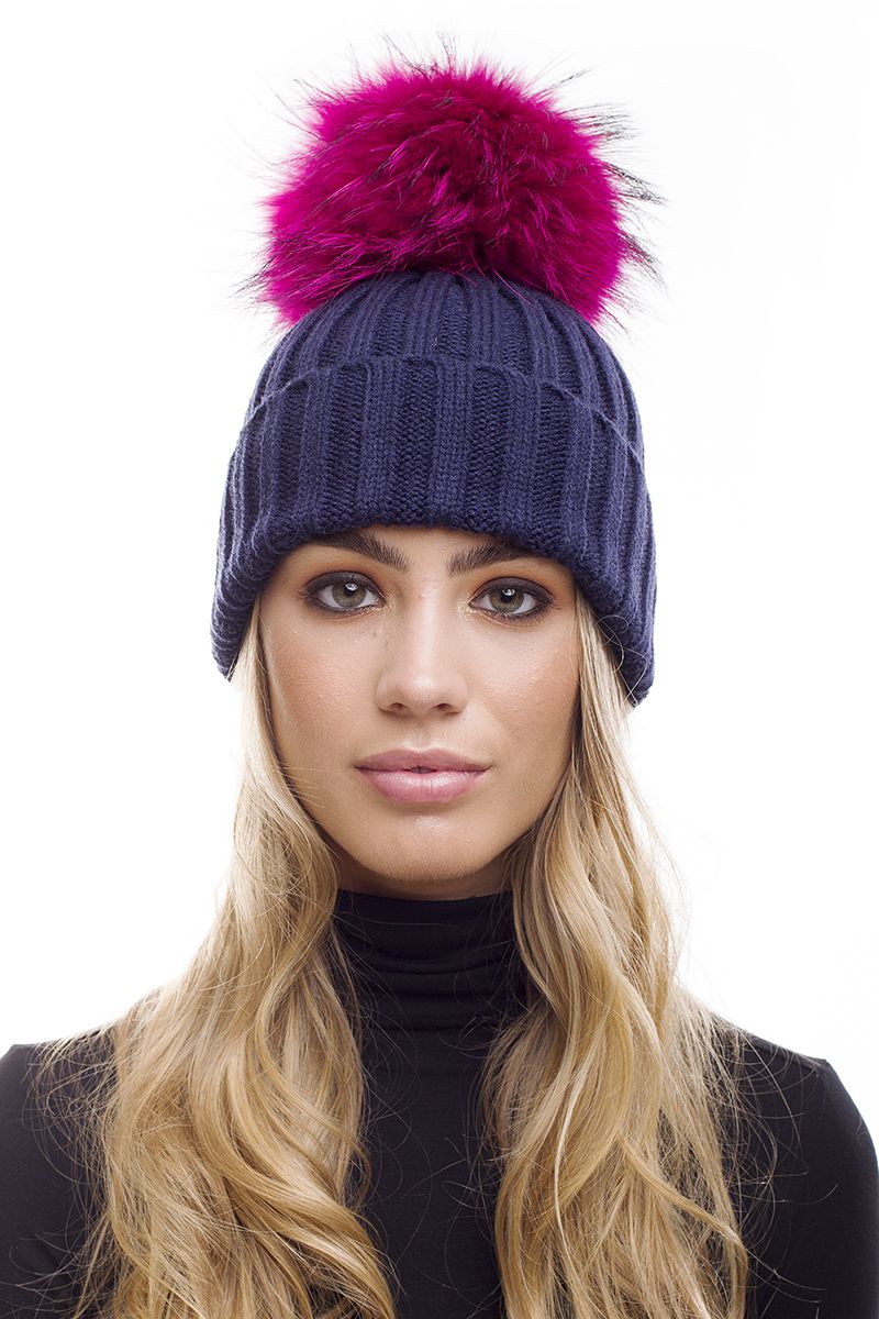 The Bexley Navy Rib Knit Fur Bobble Hat Large Pom Pom