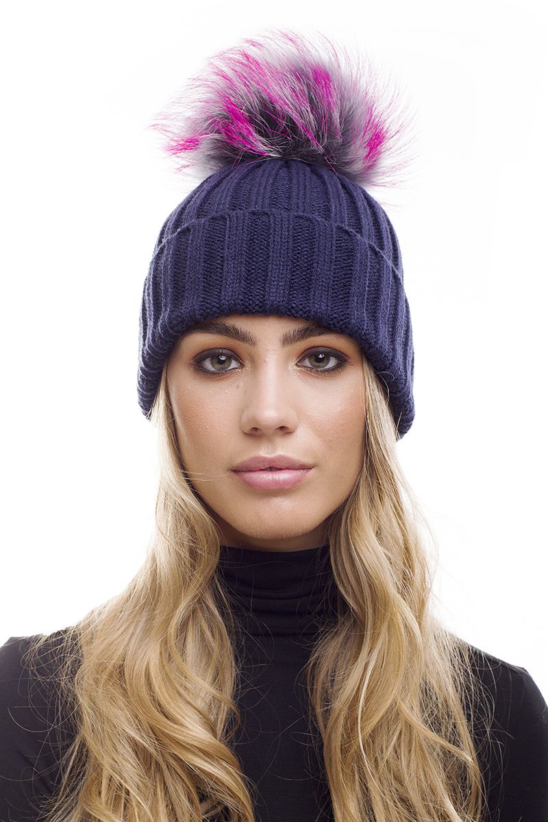 The Bexley Navy Rib Knit Fur Bobble Hat Large Pom Pom