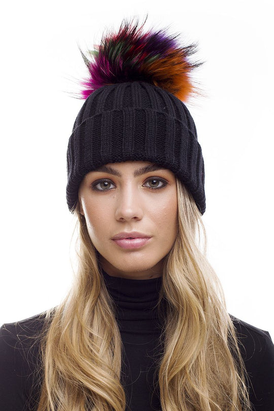 The Bexley Ebony Black Rib Knit Fur Bobble Hat Large Pom Pom