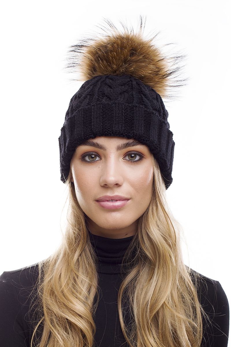 The Bexley Ebony Black Cable Knit Fur Bobble Hat Large Pom Pom