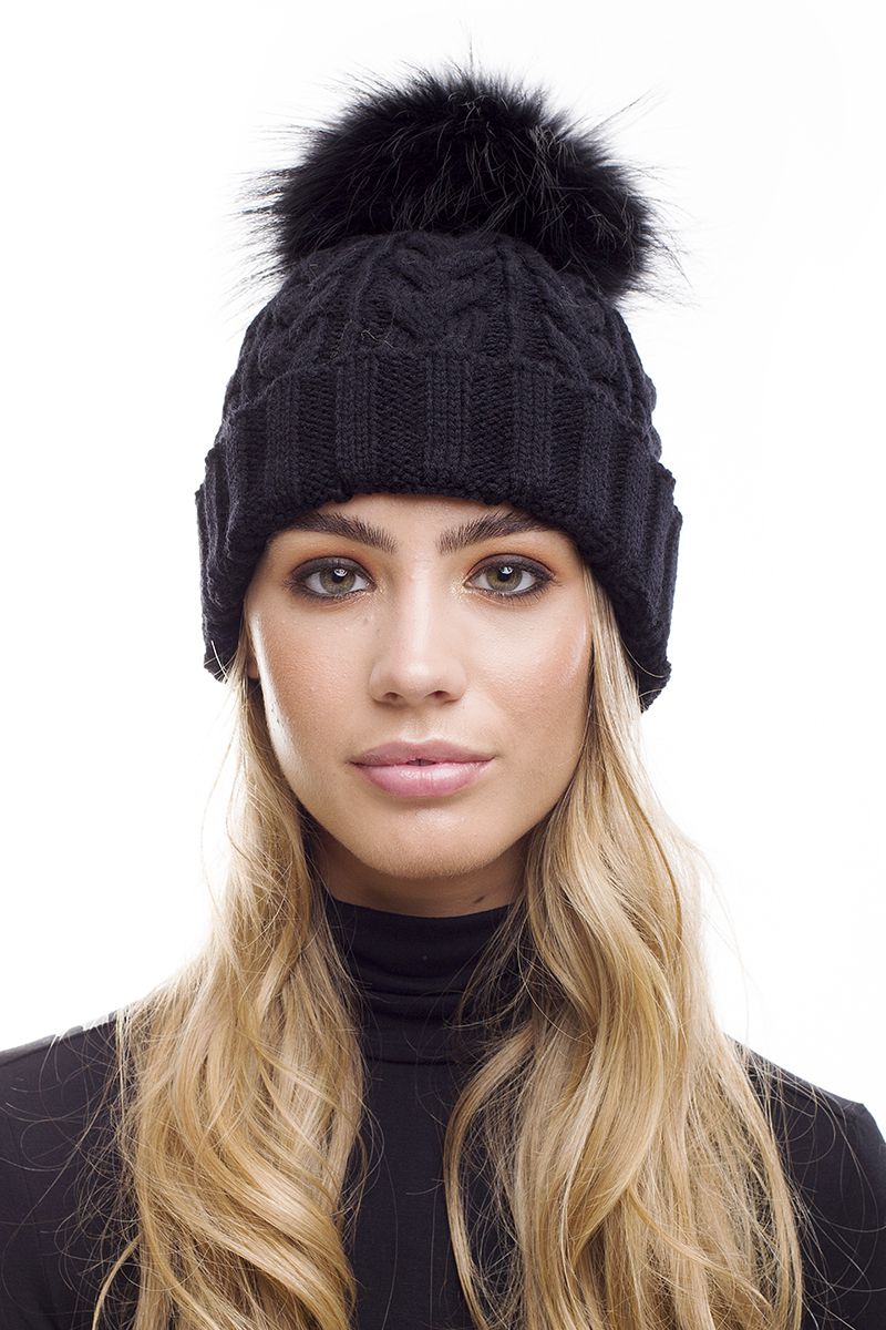 The Bexley Ebony Black Cable Knit Fur Bobble Hat Large Pom Pom