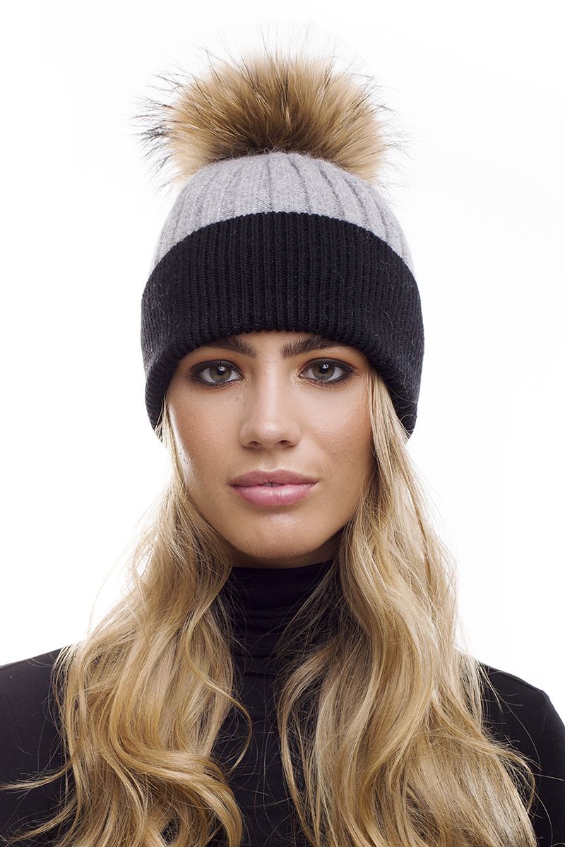 The Soho Ebony Black and Grey Angora Wool Fur Bobble Hat  display picture 1