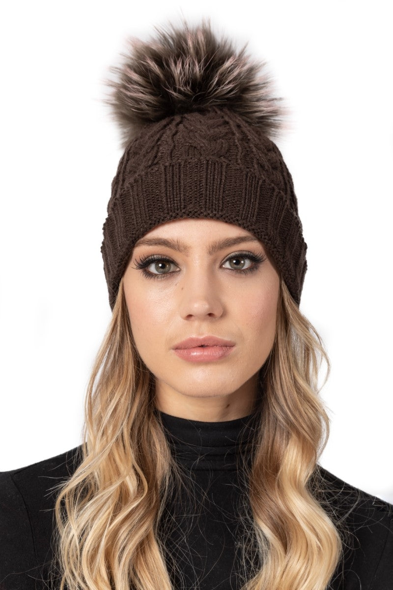 The Bexley Chocolate Brown Cable Knit Fur Bobble Hat Large Pom Pom