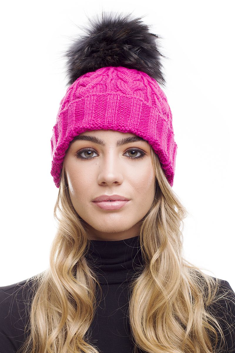 The Bexley Hot Pink Cable Knit Fur Bobble Hat Large Pom Pom – The
