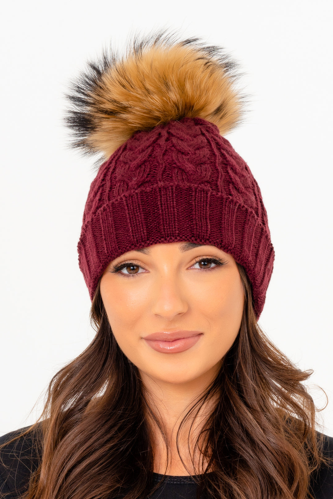 The Bexley Wine Cable Knit Fur Bobble Hat Large Pom Pom – The Fur