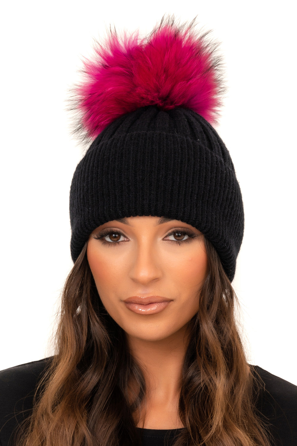 Halogen Black Wool Riding Cap With Pink And Black Faux Fur Pom Pom O/S Women main image 4