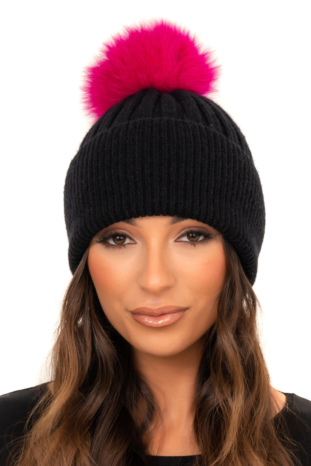 The Camden Ebony Black Wool Rib Knit Fur Bobble Hat The Fur Bobble Shop