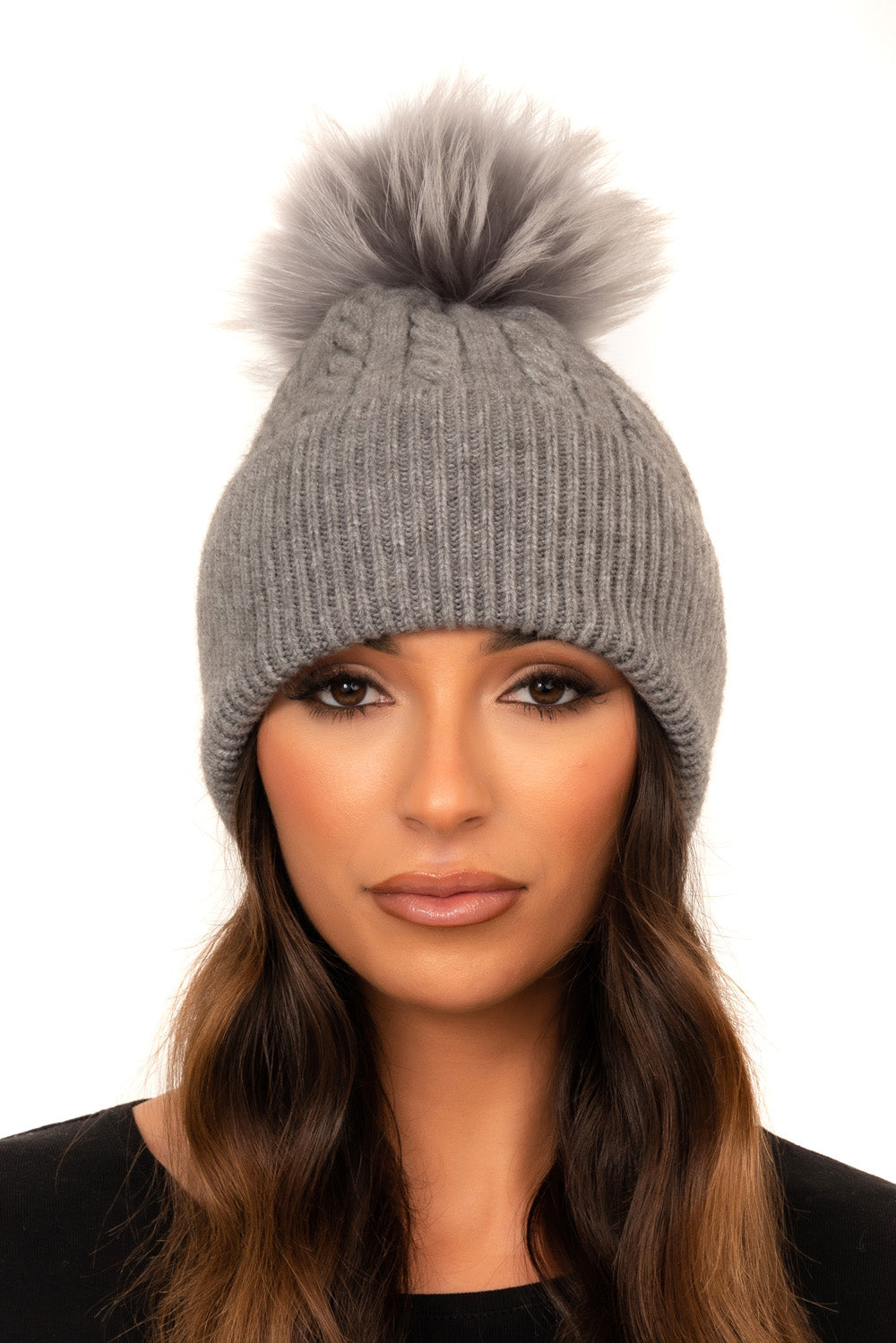 The Camden Stone Grey Wool Cable Knit Fur Bobble Hat The Fur Bobble Shop