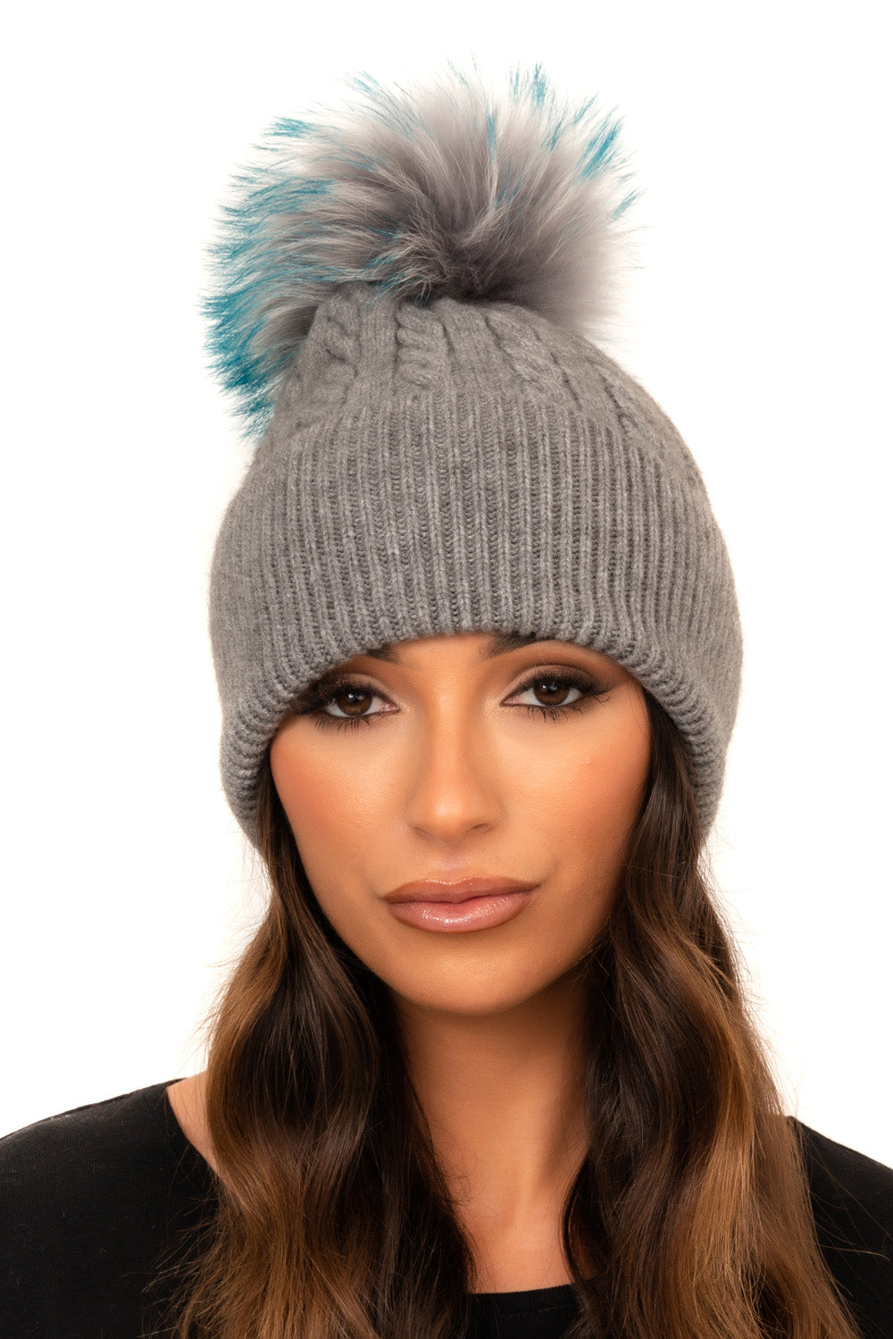 The Camden Stone Grey Wool Cable Knit Fur Bobble Hat The Fur Bobble Shop